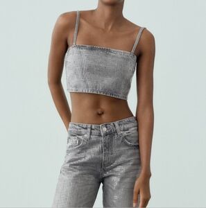 ZARA | Women's Grey TRF Sequined Fil Denim Crop Top NWOT